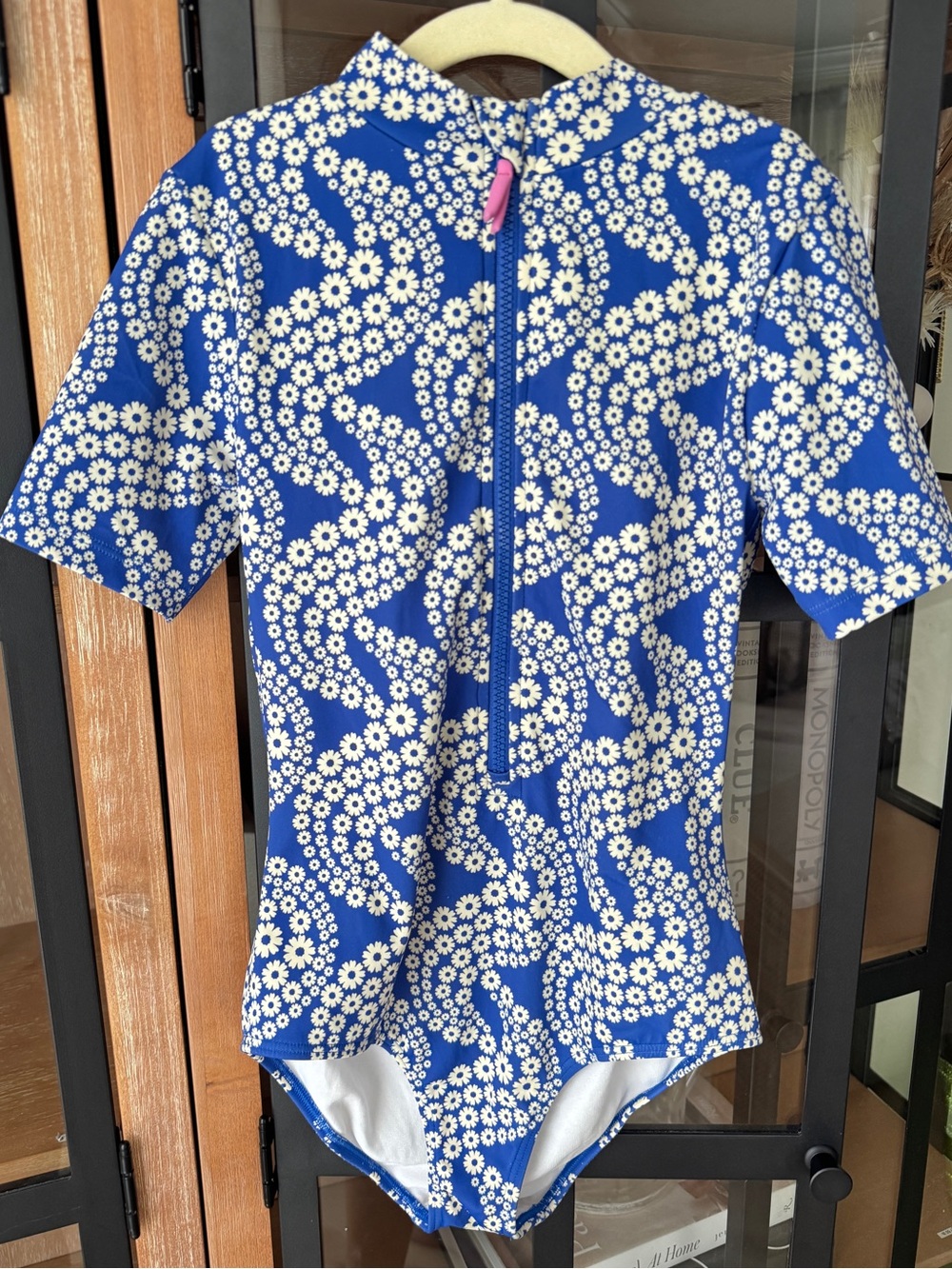 Mini Boden one piece swimsuit rashguard short sleeve zip up daisy wave dazzling